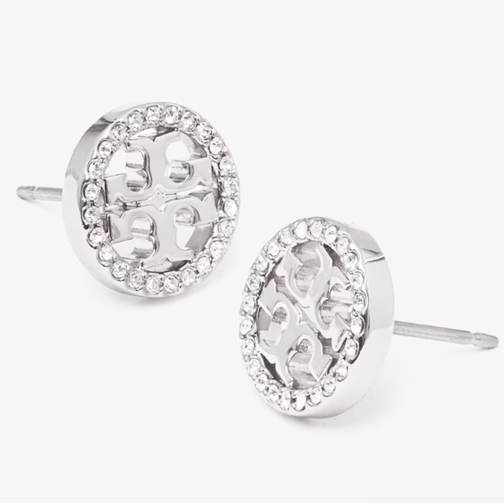 Tory Burch Silver Logo Crystal Halo Stud Earrings